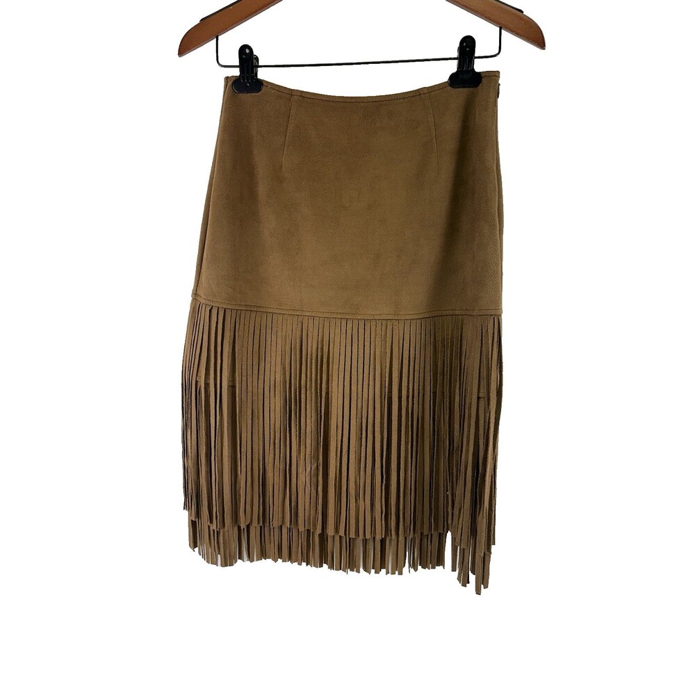 Forever 21‎ Faux Suede Fringe Mini Skirt Brown Tan Western Festival Boho Small